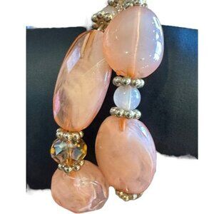 Elegant Peach Beaded Stretch Bracelet With Crystals & Gold-Tone Accents